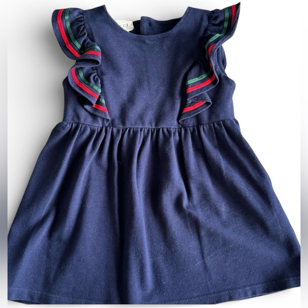 Authentic Gucci Navy Dress with Red and Green Ruffle Accents